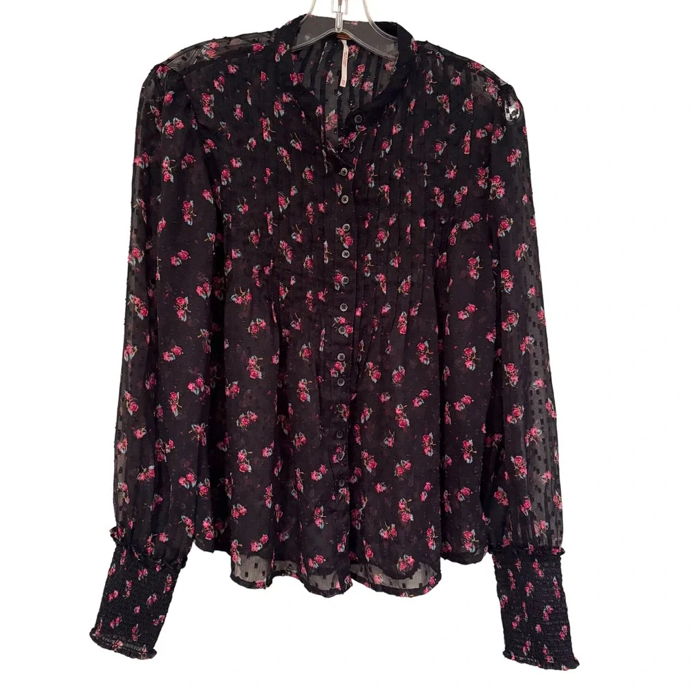 Free People Flowers In December Blouse Women's XS Black Boho Hippie Coquette Y2K